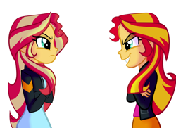 Size: 1024x745 | Tagged: safe, artist:wubcakeva, sunset shimmer, human, equestria girls, clothes, commission, duality, human sunset, jacket, leather jacket, looking at each other, self paradox, self ponidox, simple background, skirt, white background