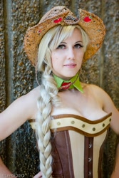 Size: 600x900 | Tagged: safe, artist:rose0fmay, applejack, human, cleavage, clothes, corset, cosplay, female, irl, irl human, photo, solo