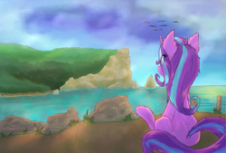 Size: 2039x1378 | Tagged: safe, artist:ruby dusk, starlight glimmer, pony, unicorn, coast, eye clipping through hair, looking away, sitting, solo