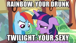 Size: 1280x720 | Tagged: safe, derpibooru import, edit, edited screencap, screencap, rainbow dash, twilight sparkle, twilight sparkle (alicorn), alicorn, pegasus, pony, caption, drunk, drunk twilight, family guy, female, grammar error, image macro, lesbian, mare, meme, misspelling of you're, reference, shipping, twidash