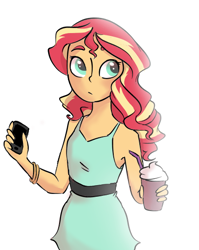 Size: 434x544 | Tagged: safe, artist:jiaquii, sunset shimmer, equestria girls, backlighting, cellphone, clothes, dress, milkshake, phone, simple background, solo