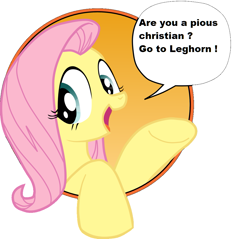 Size: 1071x1024 | Tagged: safe, idw, fluttershy, pegasus, pony, bad advice fluttershy, blue eyes, christianity, dialogue, exploitable meme, female, implied blasphemy, leghorn, mare, meme, open mouth, pink mane, raised hoof, raised leg, simple background, smiling, solo, speech bubble, talking to viewer, underhoof, yellow coat