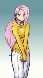 Size: 574x1024 | Tagged: safe, artist:scorpdk, fluttershy, human, breasts, choker, chokershy, clothes, female, hootershy, humanized, light skin, solo, sweater, sweatershy