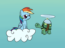 Size: 1720x1280 | Tagged: safe, artist:phat_guy, derpibooru exclusive, derpibooru import, rainbow dash, tank, pegasus, pony, tortoise, animal, cloud, critter, duo, female, flying, gradient background, helicopter, hooves, lidded eyes, looking at each other, mare, on a cloud, pet, sitting, sitting on cloud, sky, smiling, wings