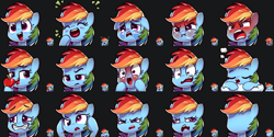 Size: 1530x768 | Tagged: safe, artist:assasinmonkey, derpibooru import, edit, rainbow dash, pegasus, pony, angry, apple, blushing, cloud, crying, cute, dashabetes, derp, emote, emotes, expressions, eyes closed, faic, female, floppy ears, food, frown, laughing, mare, no face, open mouth, puffy cheeks, sad, simple background, sleeping, smiling, wide eyes