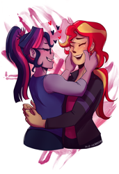 Size: 1280x1867 | Tagged: safe, artist:mlp-hearts, sci-twi, sunset shimmer, twilight sparkle, series:sciset diary, equestria girls, alternate costumes, cheek pinch, cute, eyes closed, female, gift art, heart, hug, lesbian, scitwishimmer, shimmerbetes, shipping, sunsetsparkle, twiabetes