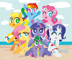 Size: 1280x1067 | Tagged: safe, artist:pixiedot9, derpibooru import, applejack, fluttershy, pinkie pie, rainbow dash, rarity, spike, twilight sparkle, twilight sparkle (alicorn), alicorn, dragon, earth pony, pegasus, pony, unicorn, beach, bikini, clothes, female, mane seven, mane six, mare, swimsuit