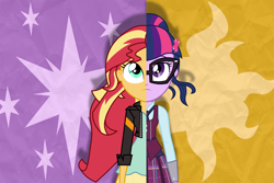 Size: 12000x8000 | Tagged: safe, artist:spottedlions, sci-twi, sunset shimmer, twilight sparkle, equestria girls, friendship games, absurd resolution, clothes, crystal prep academy, crystal prep academy uniform, crystal prep shadowbolts, duet, duo, female, glasses, jacket, leather jacket, school uniform, split screen, what more is out there