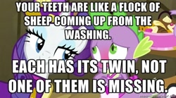 Size: 500x277 | Tagged: safe, edit, edited screencap, screencap, rarity, spike, dragon, pony, unicorn, dragon quest, apron, bible, bible verse, blushing, caption, clothes, female, image macro, male, mare, meme, rarity's bad pickup lines, religion, song of solomon