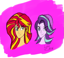 Size: 553x497 | Tagged: safe, artist:lobonox1313, starlight glimmer, sunset shimmer, human, equestria girls, abstract background, beanie, bust, duo, duo female, female, hat