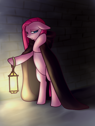 Size: 600x800 | Tagged: safe, artist:norang94, pinkie pie, pony, bipedal, cloak, clothes, lantern, pinkamena diane pie, solo