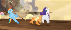 Size: 1366x571 | Tagged: safe, derpibooru import, screencap, applejack, fluttershy, rainbow dash, rarity, earth pony, pegasus, pony, unicorn, my little pony: the movie, eyes closed, pushing, rump push