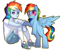 Size: 1500x1222 | Tagged: safe, artist:sl0ne, derpibooru import, rainbow dash, pegasus, pony, equestria girls, clothes, cute, dashabetes, female, human ponidox, looking at you, mare, self ponidox, shirt, shoes, shorts, simple background, sneakers, transparent background