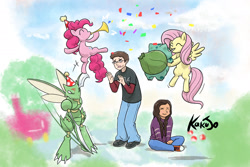 Size: 2250x1500 | Tagged: safe, artist:kakujo, fluttershy, pinkie pie, human, bulbasaur, crossover, hat, party hat, pokémon, scyther