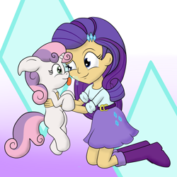 Size: 2000x2000 | Tagged: safe, artist:schizophrenicghost, rarity, sweetie belle, pony, equestria girls, drool, holding a pony, human coloration, pony pet, tongue out