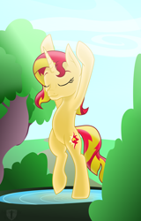 Size: 3000x4676 | Tagged: safe, artist:theshadowstone, sunset shimmer, pony, unicorn, absurd resolution, bipedal, female, mare, meditating, sky, tree, water