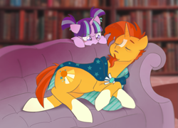 Size: 1073x774 | Tagged: safe, artist:gyunyu, starlight glimmer, sunburst, pony, unicorn, book, bookshelf, eyes closed, female, filly, filly starlight glimmer, male, pigtails, ribbon, sleeping, sofa, stallion, younger