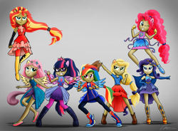 Size: 5816x4274 | Tagged: safe, artist:oinktweetstudios, derpibooru import, applejack, fluttershy, pinkie pie, rainbow dash, rarity, sci-twi, sunset shimmer, twilight sparkle, better together, equestria girls, forgotten friendship, absurd resolution, clothes, fingerless gloves, glasses, gloves, human coloration, humane five, humane seven, humane six, pants, ponied up, signature