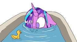 Size: 900x498 | Tagged: safe, artist:slamjam, starlight glimmer, pony, unicorn, bath, bathtub, bubble, cute, drawthread, female, glimmerbetes, mare, rubber duck, solo, wet mane