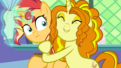 Size: 8000x4498 | Tagged: safe, artist:limedazzle, adagio dazzle, sunset shimmer, pony, all bottled up, equestria girls, absurd resolution, alternate universe, equestria girls ponified, hug, icing bag, magic, ponified