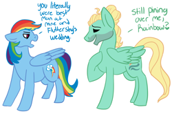 Size: 2004x1324 | Tagged: safe, artist:ducksgonnaduck985, derpibooru import, rainbow dash, zephyr breeze, pegasus, pony, faint praise, female, implied flutterdash, implied fluttershy, implied lesbian, implied shipping, male, passive aggressive, shipping, shipping denied, straight, zephdash