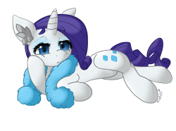 Size: 6001x4474 | Tagged: safe, artist:mimtii, rarity, pony, unicorn, absurd resolution, bored, clothes, ear fluff, feather boa, female, looking at you, mare, on side, scarf, simple background, solo, thick eyebrows, transparent background