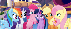 Size: 1366x563 | Tagged: safe, derpibooru import, screencap, applejack, fluttershy, pinkie pie, rainbow dash, rarity, twilight sparkle, twilight sparkle (alicorn), alicorn, earth pony, pegasus, pony, unicorn, my little pony: the movie, mane six