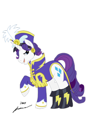 Size: 1024x1394 | Tagged: safe, artist:stagetechy1991, elusive, rarity, pony, unicorn, ancient wonderbolts uniform, boots, clothes, hat, male, raised hoof, rule 63, sgt. rarity, shako, shoes, solo, stallion, uniform