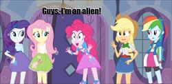 Size: 1024x499 | Tagged: safe, derpibooru import, applejack, fluttershy, pinkie pie, rainbow dash, rarity, alien, equestria girls, are equestrian girls human?, clothes, exploitable meme, meme, pinkie has a crazy idea, skirt, tanktop