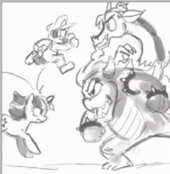 Size: 300x306 | Tagged: safe, artist:johnjoseco, derpibooru import, discord, twilight sparkle, bowser, bowsercord, crossover, grayscale, mario, monochrome, super mario bros.