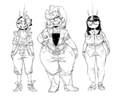 Size: 1280x1006 | Tagged: safe, artist:shemhamferosh, applejack, rarity, twilight sparkle, eared humanization, horned humanization, humanized, monochrome, wide hips