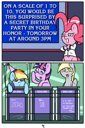 Size: 2000x3000 | Tagged: safe, artist:doggonepony, derpy hooves, pinkie pie, rainbow dash, twilight sparkle, pegasus, pony, balloon, birthday, comic, female, final jeopardy, game show, glasses, hat, jeopardy, mare, party hat