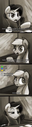 Size: 800x3200 | Tagged: safe, artist:gasmaskfox, applejack, rarity, earth pony, pony, unicorn, detective rarity, game, l.a. noire, liarjack, monochrome, parody, scrunchy face