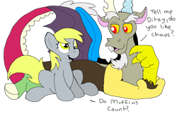 Size: 4096x2632 | Tagged: safe, artist:thedoggygal, derpy hooves, discord, pegasus, pony, dialogue, female, mare, simple background, transparent background