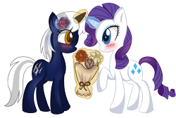 Size: 1363x914 | Tagged: safe, artist:klingelchelle, rarity, oc, pony, unicorn, bouquet, canon x oc, female, lesbian, magic aura