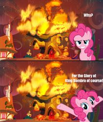 Size: 830x982 | Tagged: safe, pinkie pie, earth pony, pony, arson, betrayal, fire, for the glory of satan, golden oaks library, image macro, kumamon, meme, solo, traitor