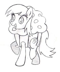 Size: 443x530 | Tagged: safe, artist:ev, derpy hooves, pony, clothes, costume, happy, muffin, sketch, smiling, solo