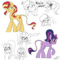 Size: 1000x1000 | Tagged: safe, artist:jase1505, sci-twi, sunset satan, sunset shimmer, twilight sparkle, classical unicorn, pony, unicorn, series:sunlight horizons, equestria girls, angry, blushing, burger, crying, cute, eating, embarrassed, equestria girls ponified, female, food, glasses, glowing horn, happy, leonine tail, lesbian, looking at you, magic, monochrome, ponified, raised hoof, scitwishimmer, shipping, simple background, sketch, smiling, sunsetsparkle, twiabetes, unicorn sci-twi, unshorn fetlocks, walking, wingless