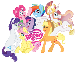 Size: 2724x2267 | Tagged: safe, artist:chubbybunny56, derpibooru import, applejack, applejack (male), barb, bubble berry, butterscotch, dusk shine, elusive, fluttershy, pinkie pie, prince solaris, princess celestia, rainbow blitz, rainbow dash, rarity, spike, twilight sparkle, alicorn, dragon, earth pony, pegasus, pony, unicorn, mane six, mane six opening poses, my little pony logo, rule 63