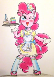 Size: 900x1274 | Tagged: safe, artist:oriwhitedeer, pinkie pie, earth pony, pony, apron, bipedal, blushing, cake, clothes, cupcake, dress, food, gloves, hilarious in hindsight, maid, mary janes, shoes, socks, solo, traditional art, wink