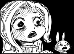 Size: 322x235 | Tagged: safe, artist:shepherd0821, angel bunny, fluttershy, anthro, ambiguous facial structure, clothes, horrified, inglip, meme, monochrome, omg face, raisins, reaction image, shocked, sweater, sweatershy