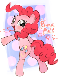 Size: 1223x1606 | Tagged: safe, artist:momo, pinkie pie, pony, bipedal, cute, diapinkes, open mouth, pixiv, plot, rear view, solo