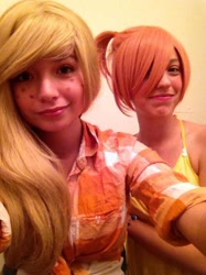 Size: 500x667 | Tagged: safe, applejack, fluttershy, human, cosplay, irl, irl human, photo