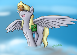 Size: 1008x720 | Tagged: safe, artist:hazzdawg, derpy hooves, pegasus, pony, :d, cloud, cloudy, female, mare, muffin, saddle bag, smiling, solo, spread wings