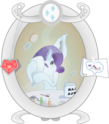 Size: 992x1123 | Tagged: safe, artist:totallyanalicornguys, rarity, pony, unicorn, brushie, impossibly large ears, magic, mirror, solo