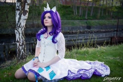 Size: 960x640 | Tagged: safe, artist:cosplayersophiekarineriis, rarity, human, 2014, banzaicon, clothes, convention, corset, cosplay, dress, grass, irl, irl human, photo, solo