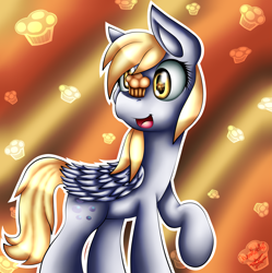 Size: 3599x3617 | Tagged: safe, artist:brownandpurpleblur1, derpy hooves, pegasus, pony, female, mare, muffin, raised hoof, smiling, solo