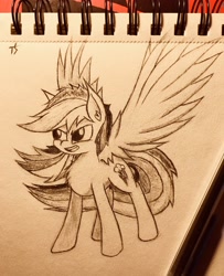 Size: 2981x3678 | Tagged: safe, artist:thesubtle, derpibooru import, rainbow dash, pegasus, pony, monochrome, solo, traditional art