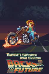 Size: 225x340 | Tagged: safe, artist:zedotagger, discord, sunset shimmer, back to the future, crossover, fanfic, fanfic art, fanfic cover, fire, marty mcfly, motorcycle, pixel art