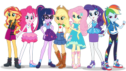 Size: 1966x1107 | Tagged: safe, derpibooru import, applejack, fluttershy, pinkie pie, rainbow dash, rarity, sci-twi, sunset shimmer, twilight sparkle, better together, equestria girls, clothes, converse, cutie mark on clothes, geode of empathy, geode of fauna, geode of shielding, geode of sugar bombs, geode of super speed, geode of super strength, hand on hip, humane five, humane seven, humane six, magical geodes, shoes, simple background, transparent background